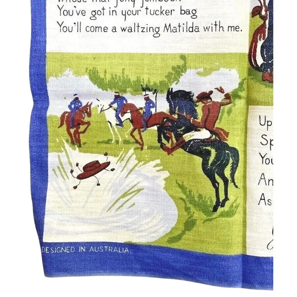 Vintage 100% linen kitchen tea towel Australia souvenir Waltzing Matilda lyrics
